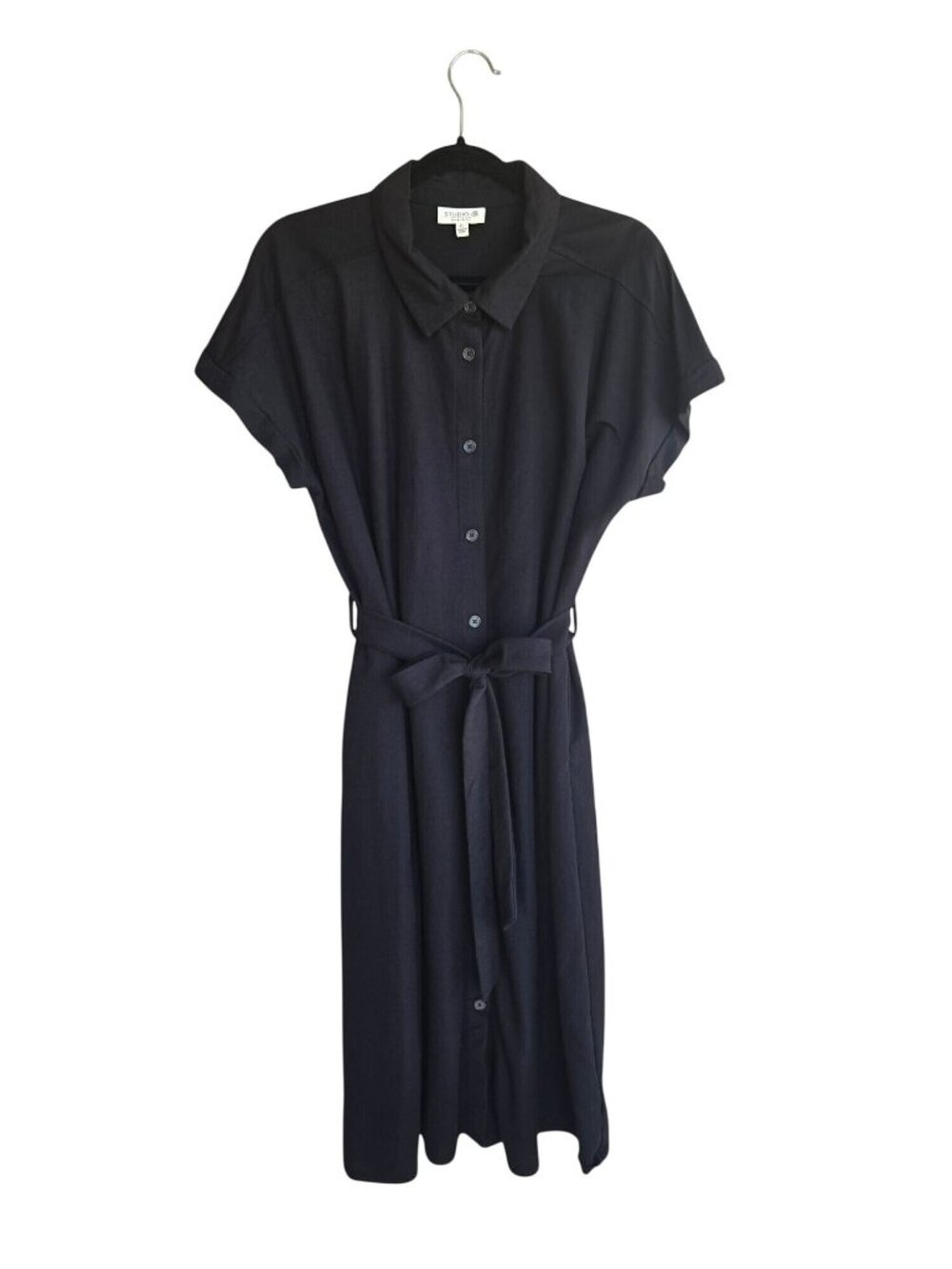 Studio B by Bobeau Black Midi Shirtdress Button Front Tie Waist Women's XL